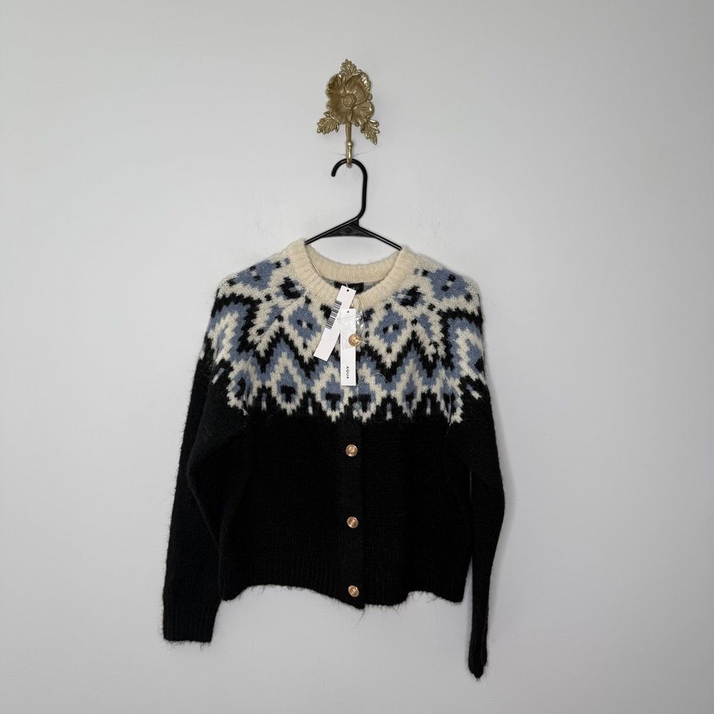 AQUA Fair Isle Crewneck Cardigan XS